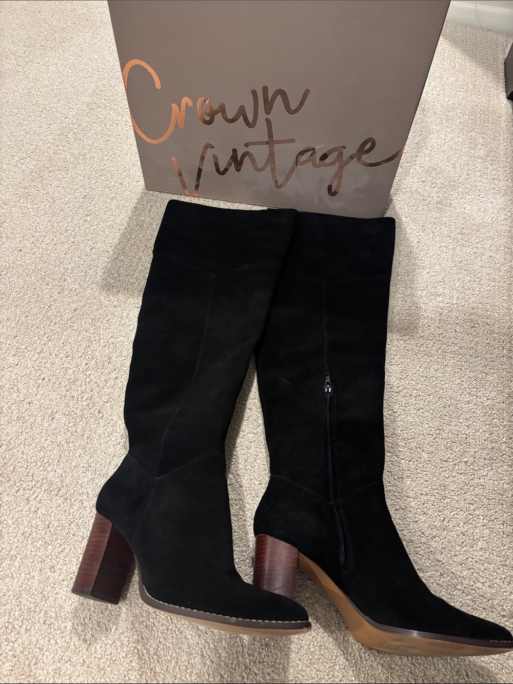 Crown Vintage Black Suede Over-the-Knee Block Heel Boots